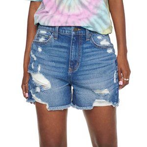 Juniors'  High Rise Boyfriend Frayed Hem Distressed Midi Shorts, Size 1/25
